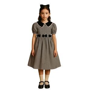 Vintage Bonnie Jean Girls Houndstooth Dress Black Velvet Collar Bows Size 16